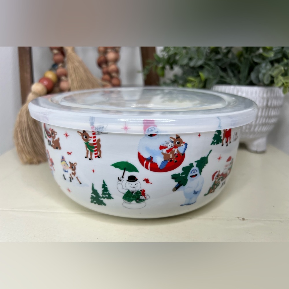 ZRIKE -32 Oz Round Plastic Microwave Bowl w/Vent Lid (Rudolph Christmas)